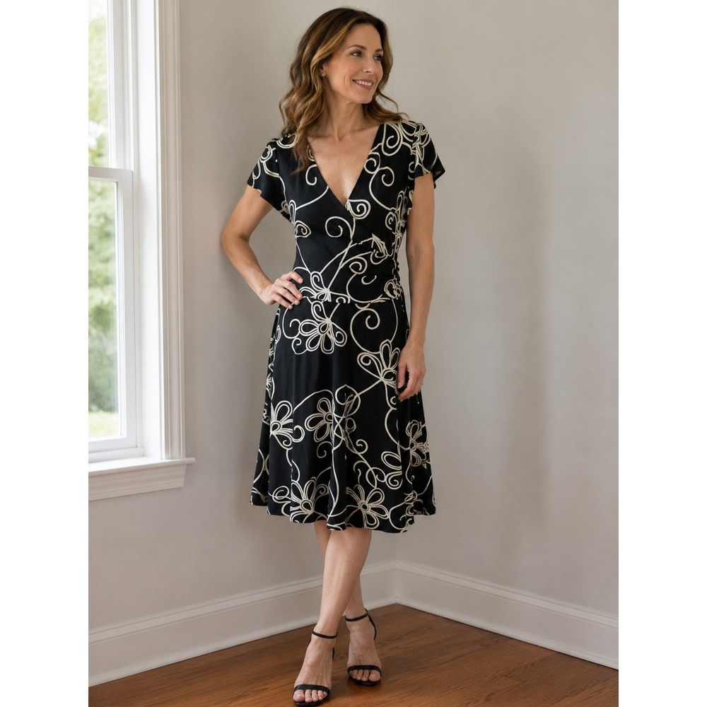 Dressbarn Women's Size 12 Black White Floral Swirl Faux Wrap Midi‎ Dress Cap